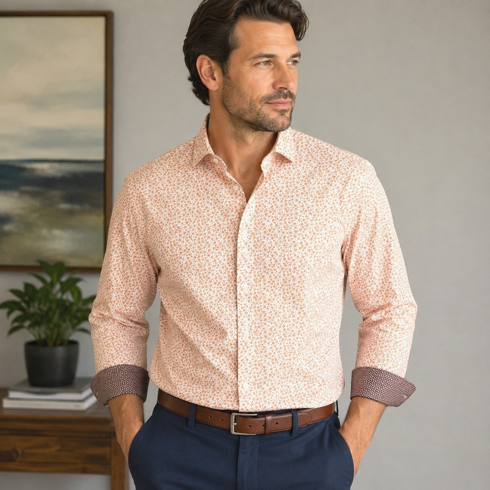 Egara Modern Fit Shirt Mens Sz L Large Orange‎ Floral Print Stretch Long Sleeve